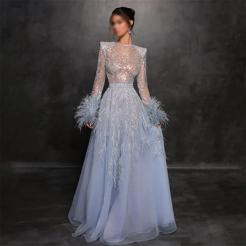 Robe de Soirée Élégante Bleue, Tenue de Bal, Manches sulf, Paillettes, Plumes, Manchette, Formelle, pour Occasions Formelles