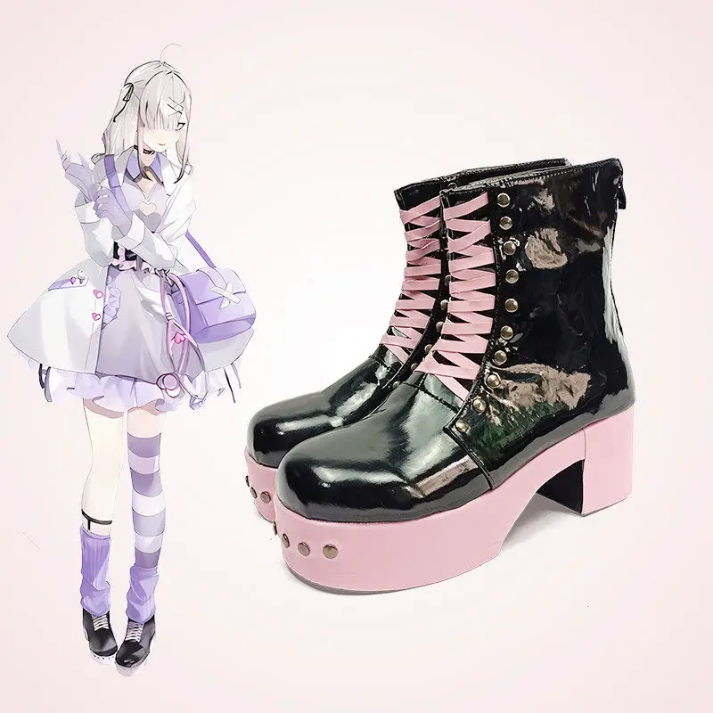 Anime NIJISANJI Sukoya Kana Cosplay Shoes Black High Heels Short PU Leather Boots For Halloween Carnival