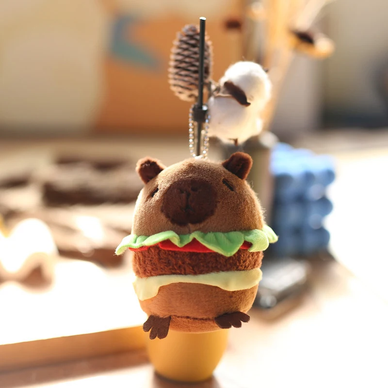 Kawaii Plushie Cute Capybara Hamburger Keychain Plush Simulation Capibara Fluffty Toy Stuffed Animals Soft Doll Kids Gift