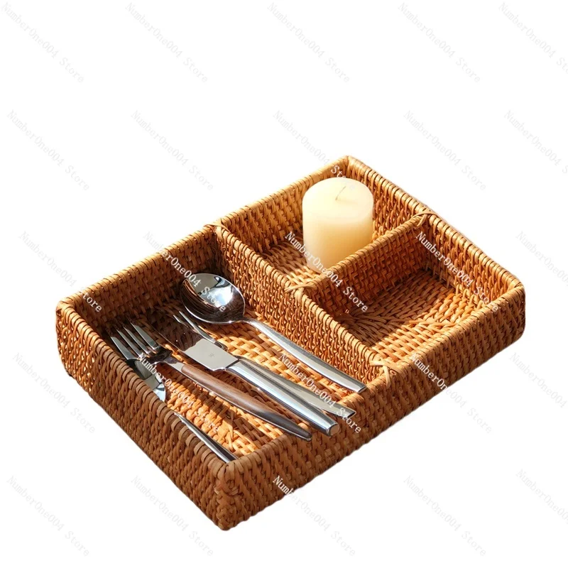 Applicable to Rattan key remote control storage box Desktop grid storage box cutlery basket tableware organizer board storage