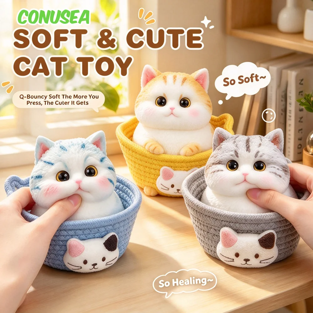 Cute Kawaii Cat with Basket Stress Relief Toy Antistress Slow Rising for Tabletop Home Decoration Display Adults Desk Decor Gift