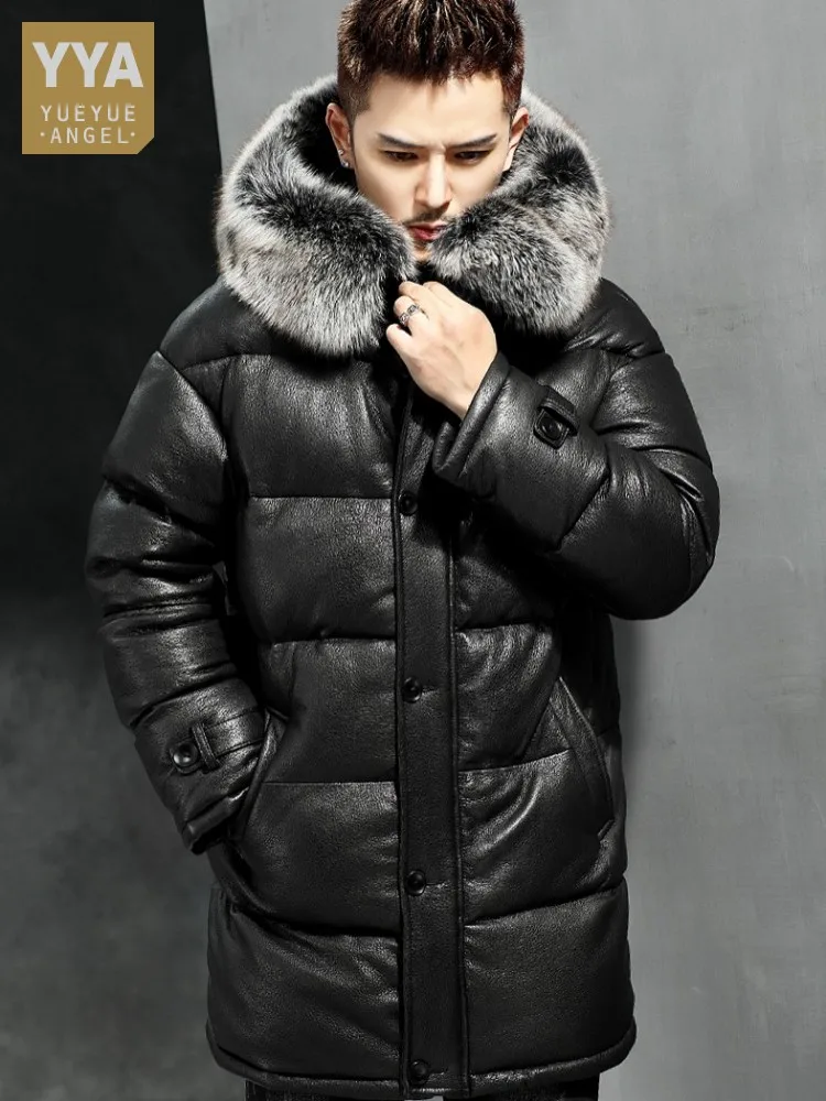 High Street Casual Outerwear Winter Mens Genuine Leather Down Coat Thicken Warm Hooded Overcoat Men Medium Long Sheepskin Jacket