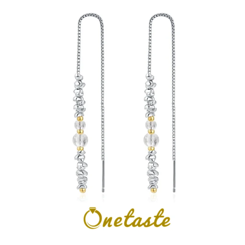 925 Sterling Silver White Crystal Long Chain Dangle Earrings For Women Girl Two Tone Irregular Geometric Earring 2023 New Gift