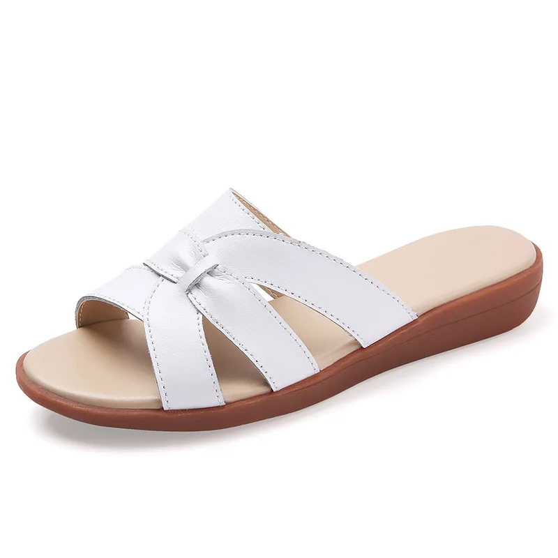Sandálias femininas de couro da moda verão praia com alças cruzadas conforto casual dedo aberto apartamentos