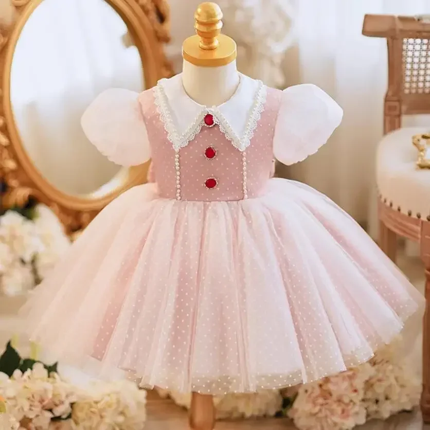 

Children's Princess Evening Gown Bow Lace Pearls Design Kids Wedding Birthday Baptism Eid Party Girls Perform Dresses A3547