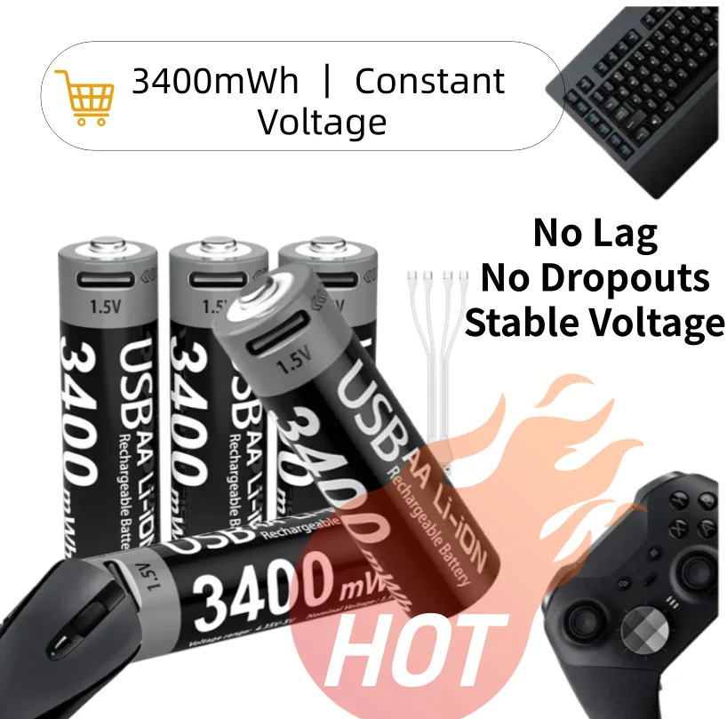 

3400mWh AA Rechargeable Batteries, 1.5V Lithium with Built-in USB-C Port, No Charger Needed, 4 Pack with Splitter Cable for Xbox