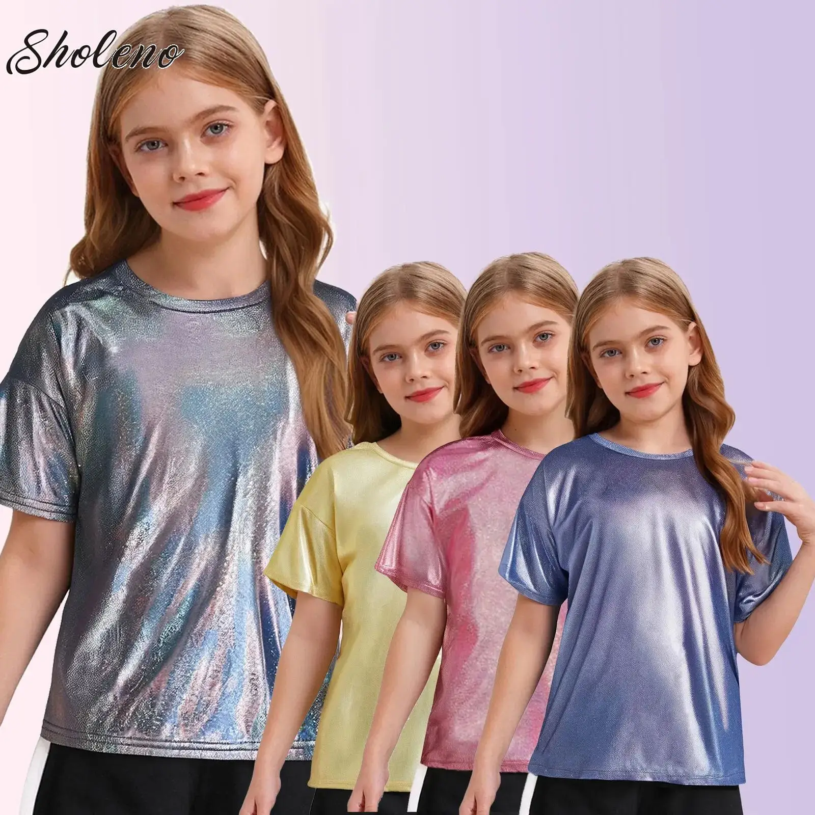 

Girls Boys Child Metallic Loose Jazz Hip Hop Dance Disco Party Stage Performance Dancewear Sequins Shirt T-Shirt Top Blouse