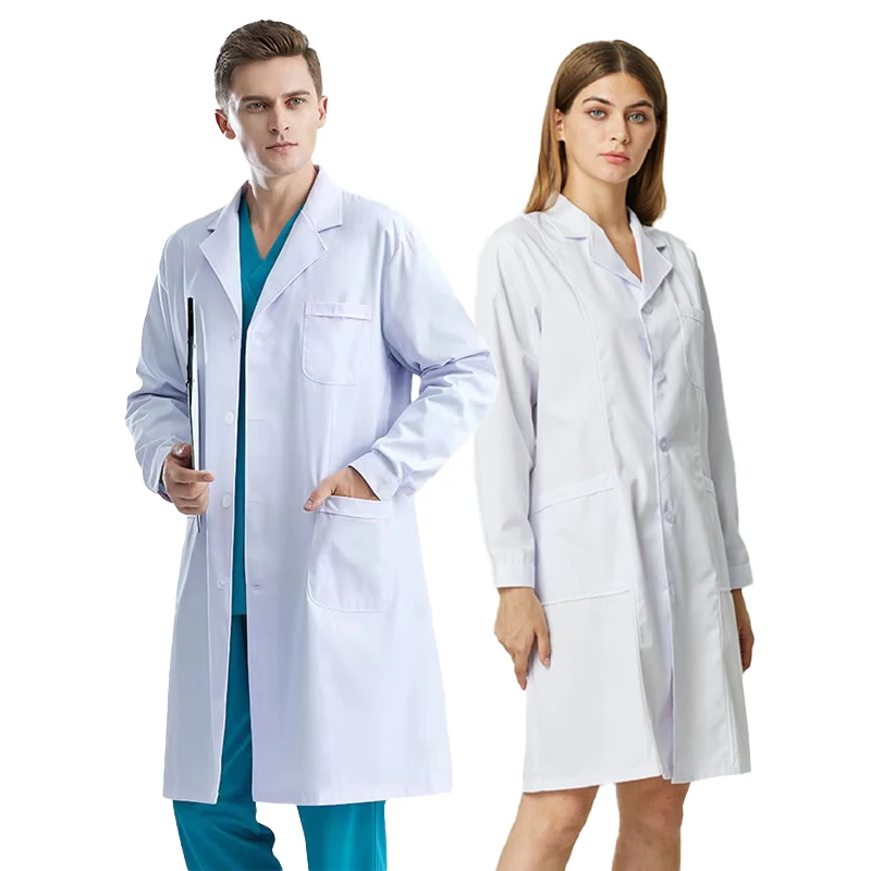 White Lab Coat Long Sleeved Female Doctor's Uniform Male Isolation Uniform Laboratory Uniform Student Nurse Work Uniform