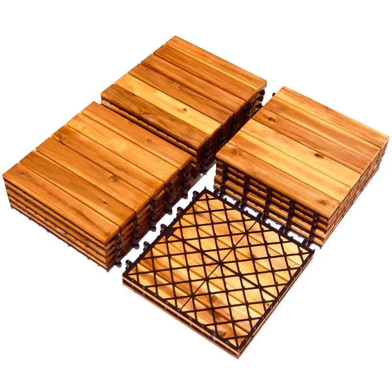 1pc Interlocking Acacia Wood Tiles] Costway 1PC Patio Interlocking Tiles Acacia Slat Wood Garden Outdoor &Indoor