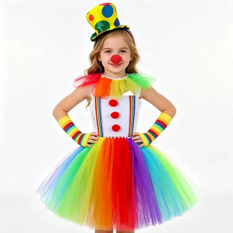 Girls Rainbow Clown Halloween Costume Kids Circus Joker Fancy Dress Carnival Party Performance Tutu Cosplay Outfit