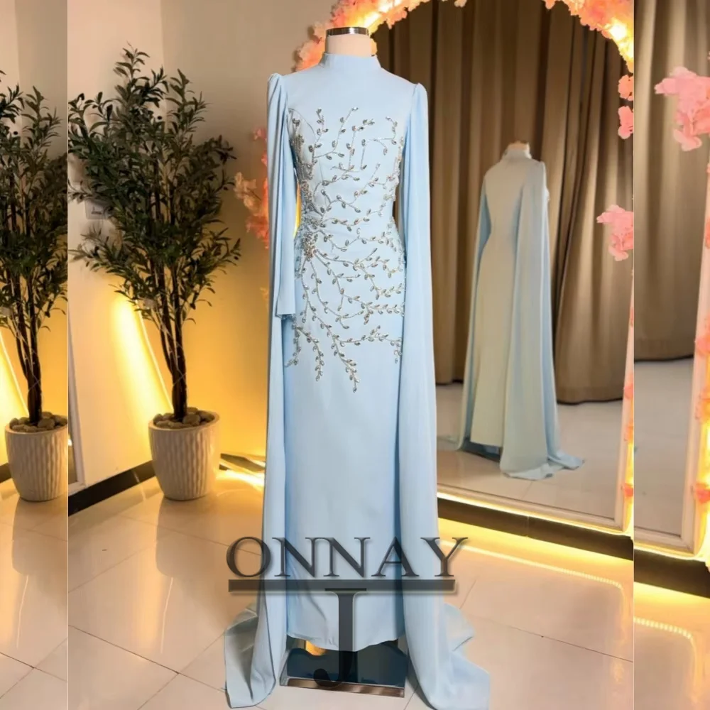 

Customized Blue Muslim Graduation Dresses Crystals Clack High Neck Kuwait Dubai Robes De Soiree Bespoke Special Occasion