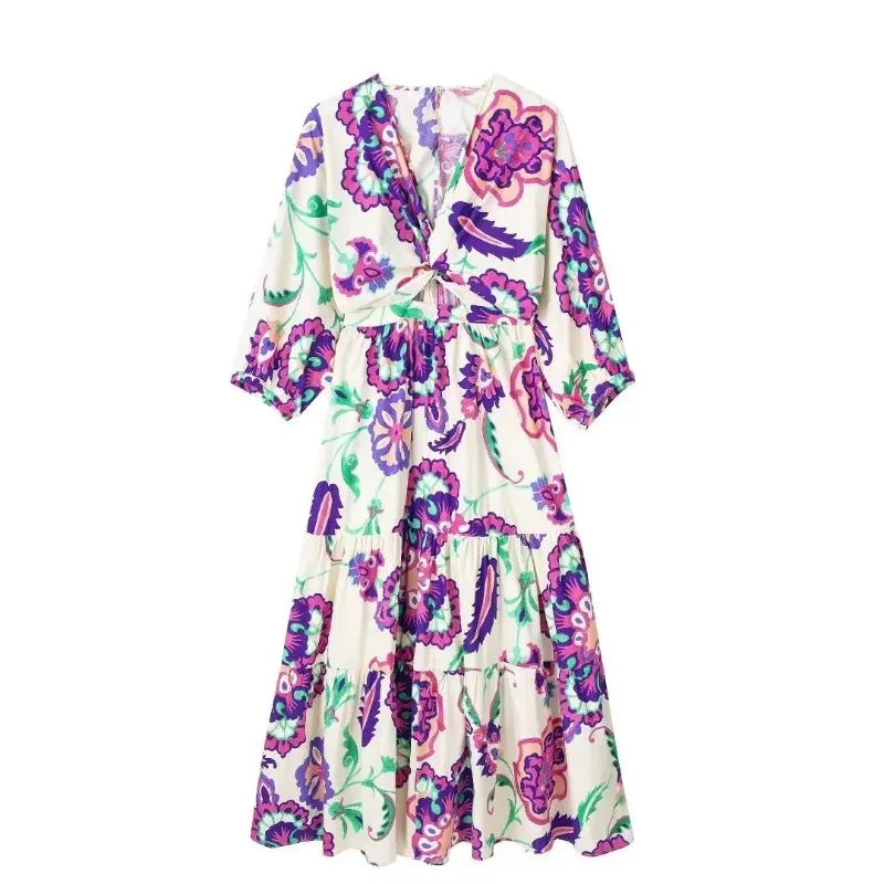 Summer V-neck 3/4 Sleeved Floral Printed Bohemian Cotton Long Dress