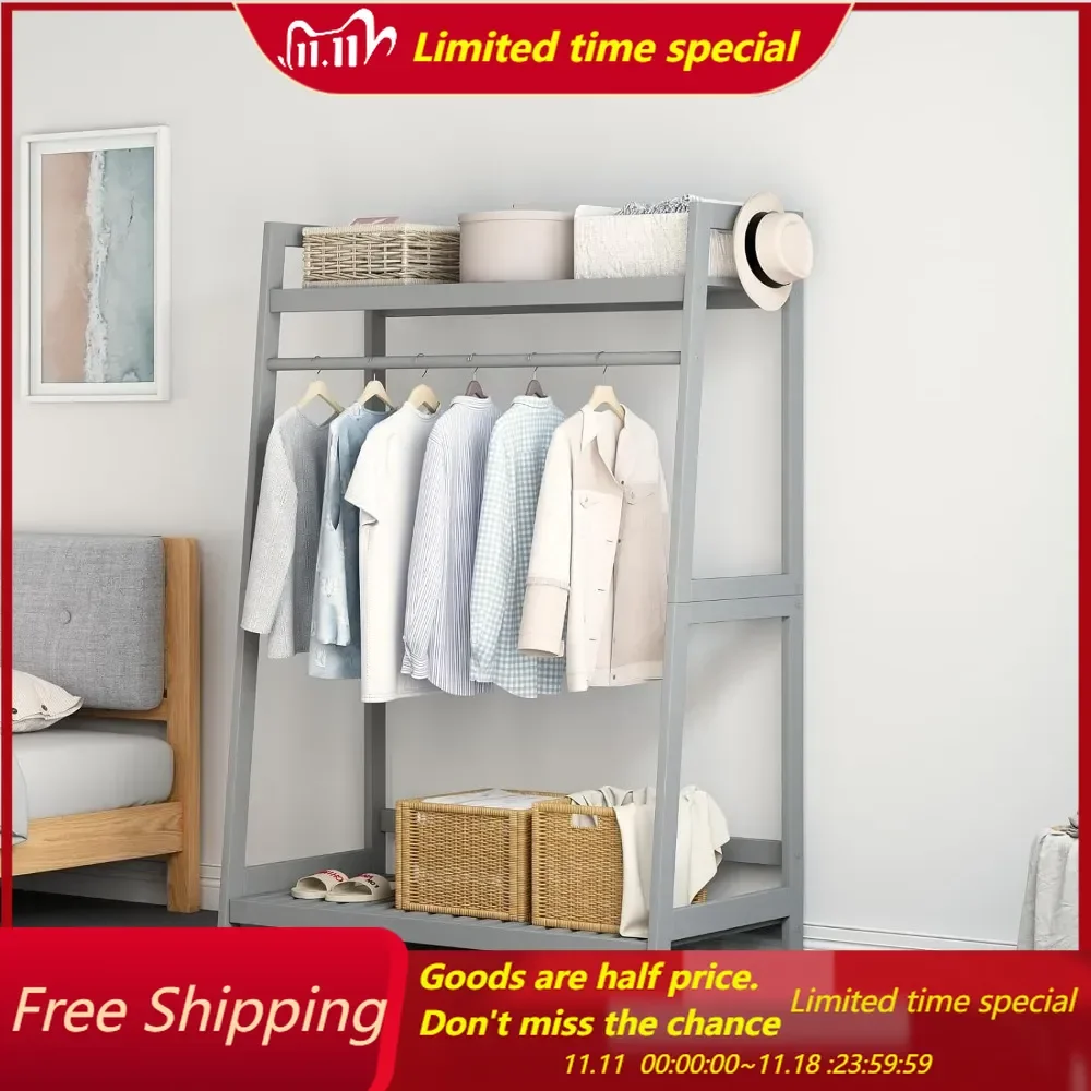 

Open Wood Garment Rack - Solid Woods Freestanding Clothing Rack with Storage Shelves and Rod for Hanging Clothes