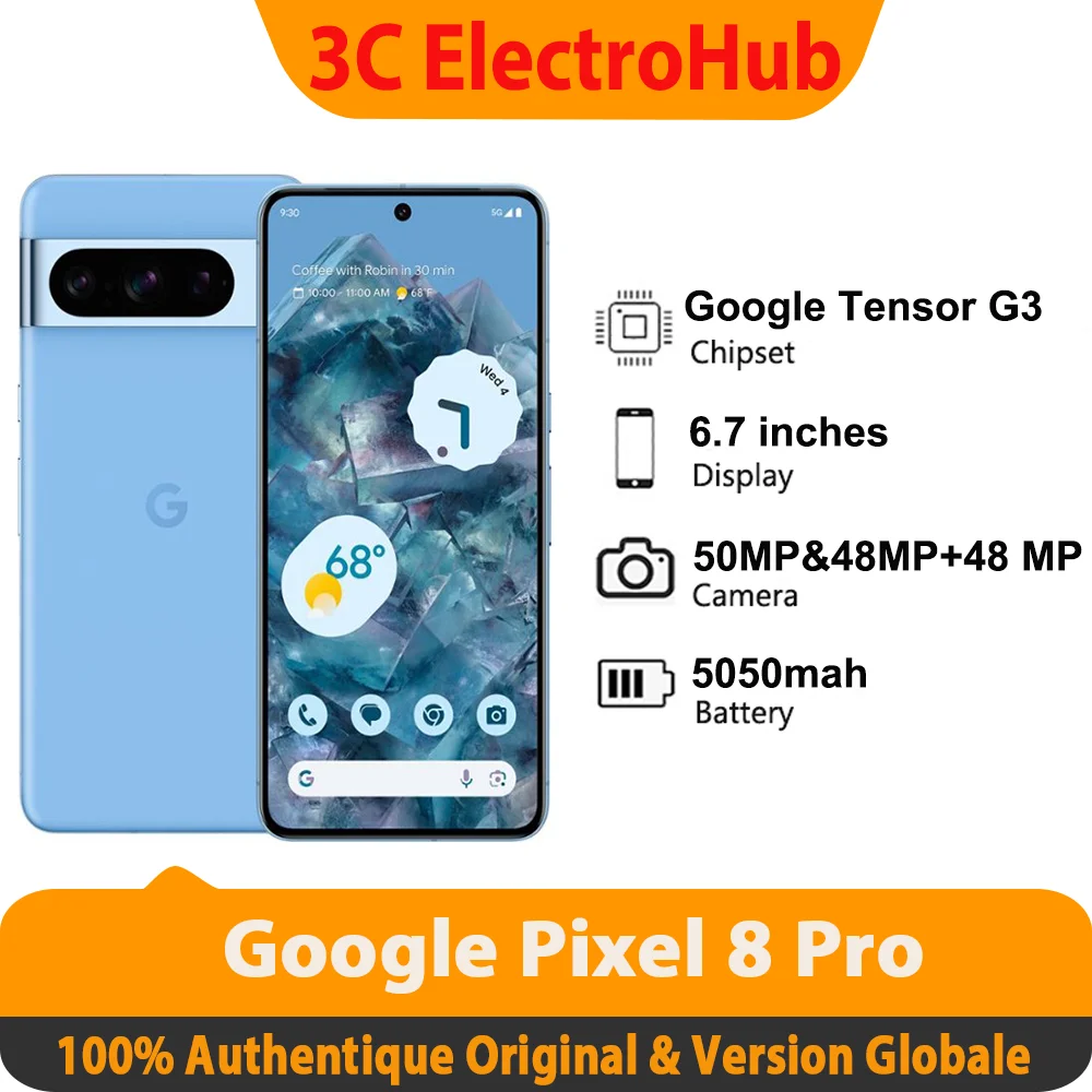 Google Pixel 8 Pro, Google Tensor G3, 6.7 pouces, 50 MP et 48 MP, OLED 120 Hz, IP68 / résistant à l'eau, 5050 mAh, 5G Google Pixel 8 Pro, Google Tensor G3, 6.7 pouces, 50 MP et 48 MP, OLED 120 Hz, IP68 / résistant à l'eau, 5050 mAh, 5G