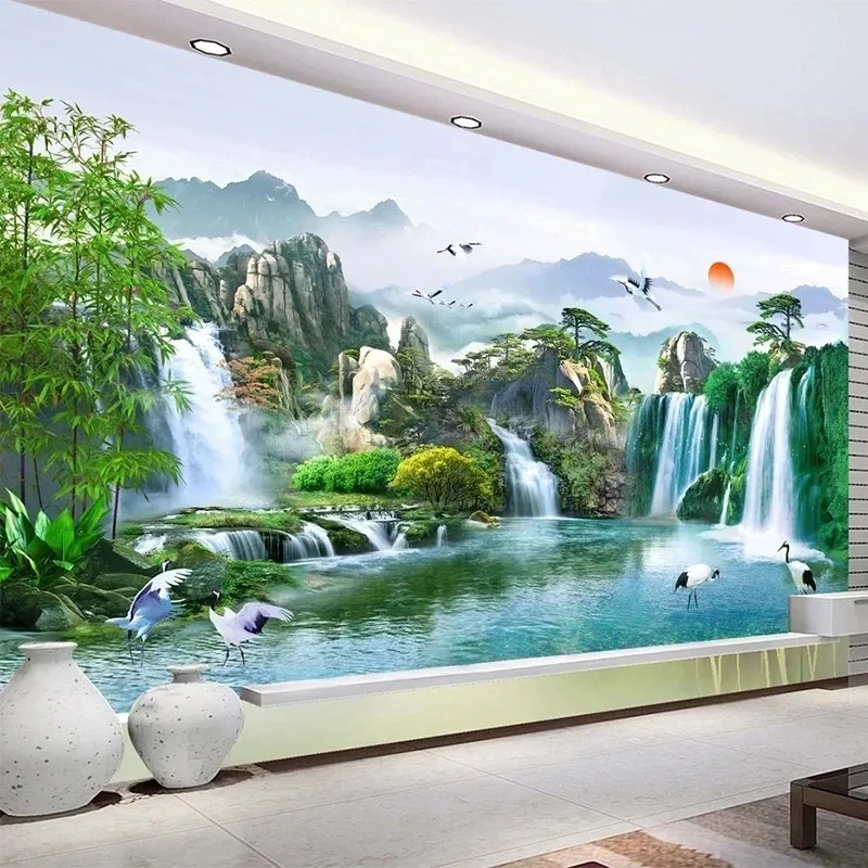 

Chinese Style Landscape Wall Mural Waterfall Scenery Wall Art Classic Background Wallpaper for Living Room TV Wall Study Room