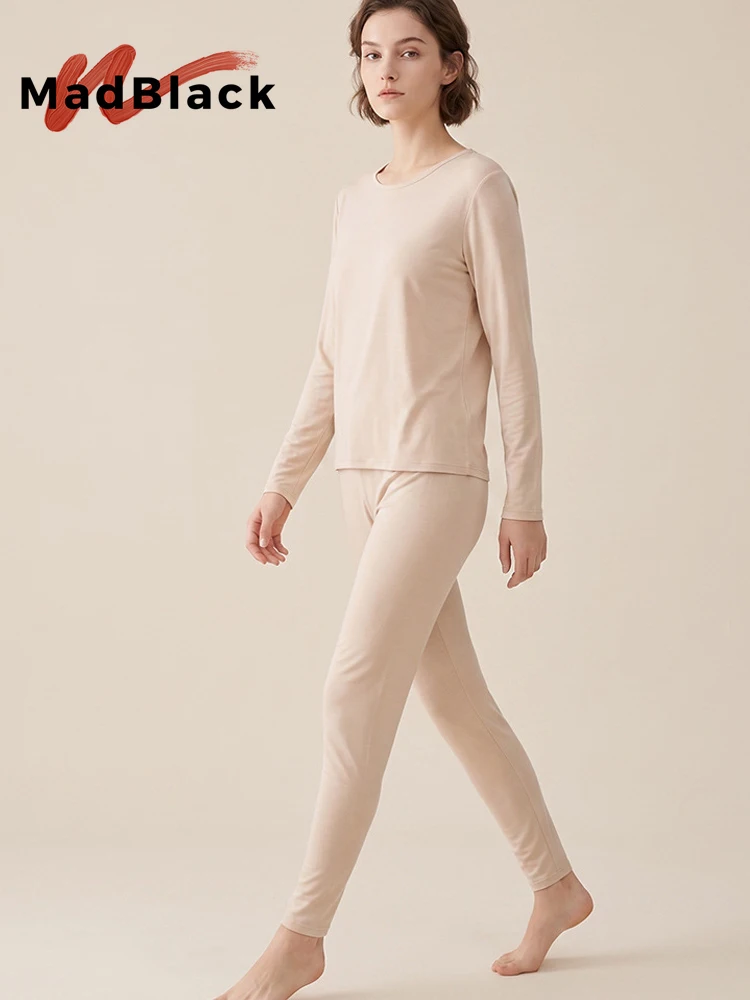 MadBlack-100%Silk Elegant Knit Warm Underwear Set, O Neck Long Sleeve Solid, Women Basic Thin Top Pants, 2026 Autumn S69747CC
