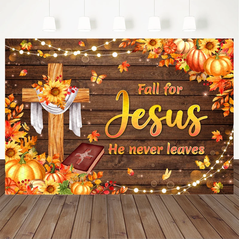 Mocsicka Fall For Jesus Photography Backdrop Thanksgiving Cross Pumpkin Background Cloth Wooden Plank Church Party Photo Booth