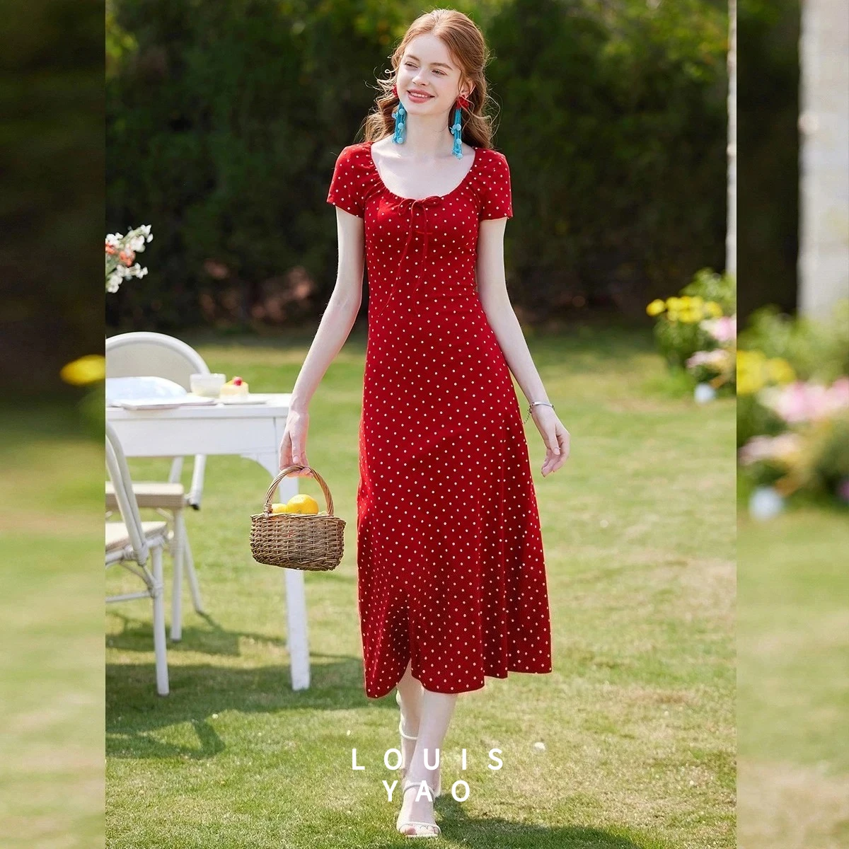 

LOUISYAO U-Neck Polka Dot Lace Up Dress Women 2025 Summer Waist Cinching Vacation Style Long Dress Casual Streetwear Outfits