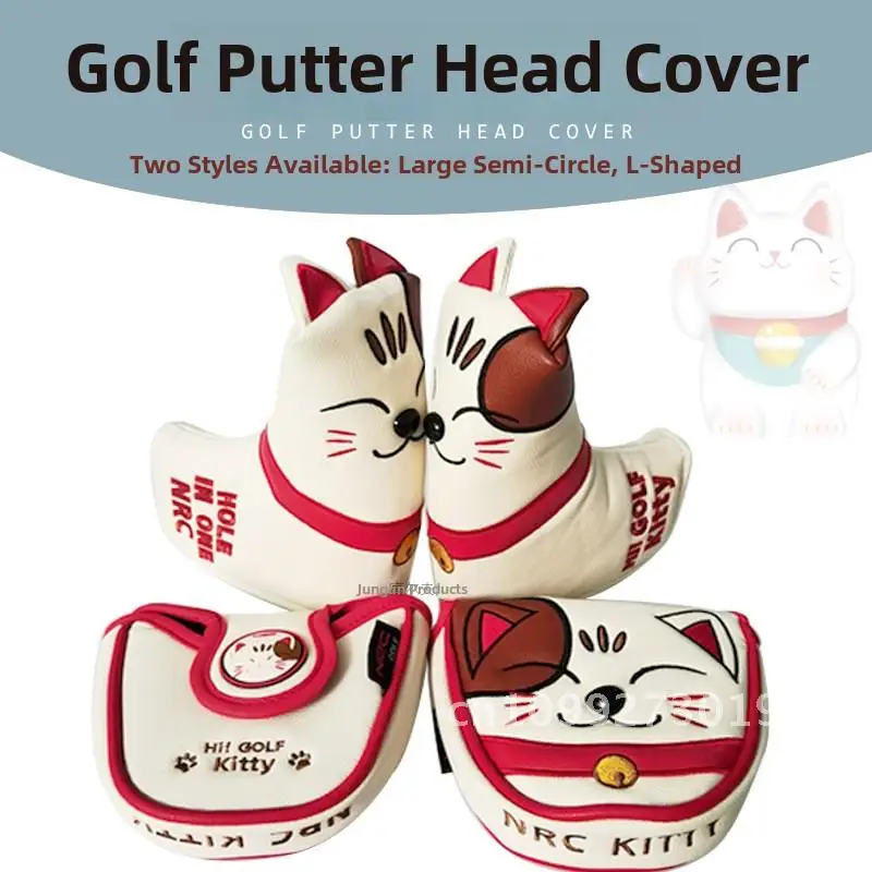 

Lucky Cat Embroidered Golf Push Rod Cover Waterproof PU Fabric Large Semi-Circular L-Shaped Protective Cover for Putter