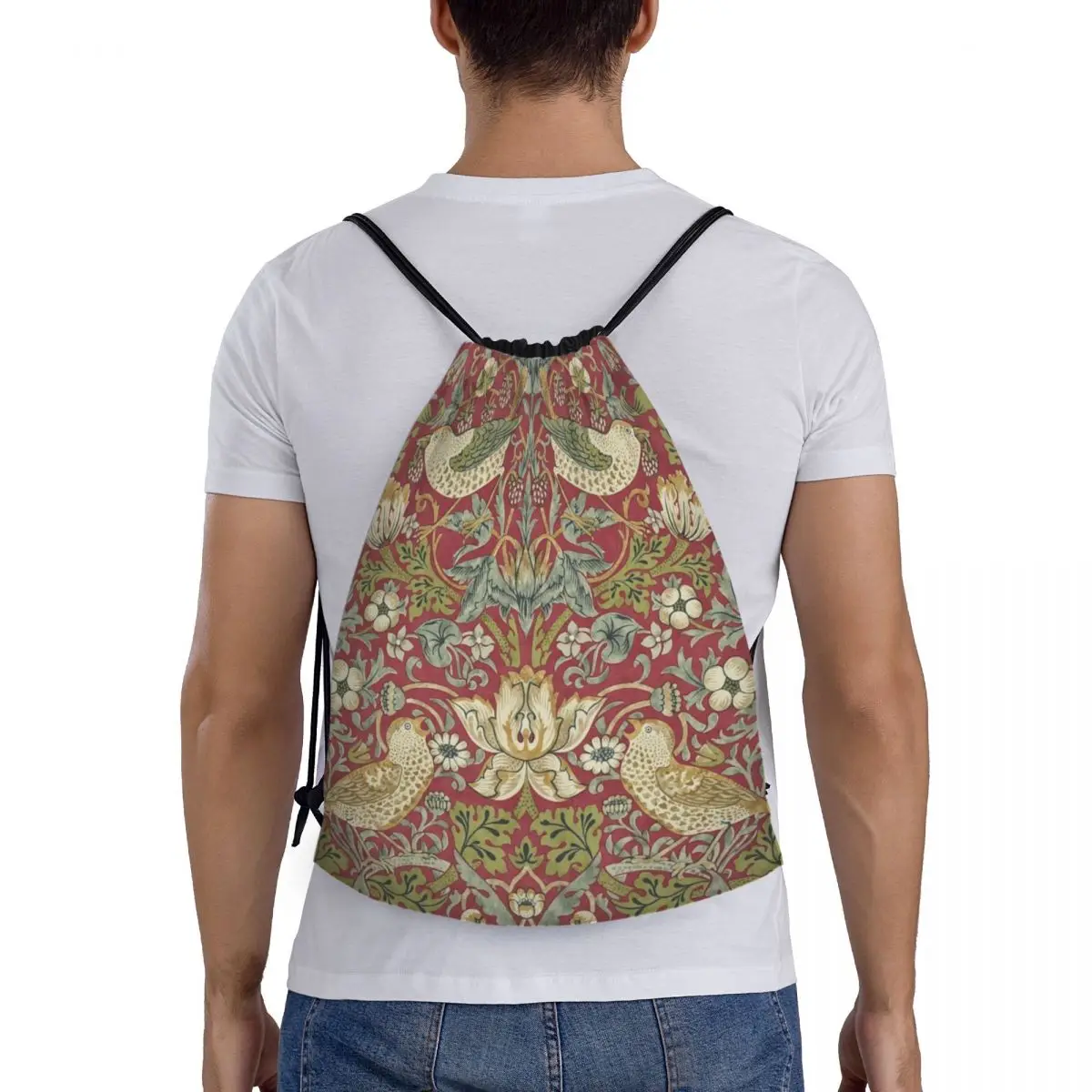 William Morris Drawstring Mochila, morango, ladrão, vermelha, bolsa de ginástica esportiva para homens e mulheres, estampa têxtil floral, mochila de treinamento