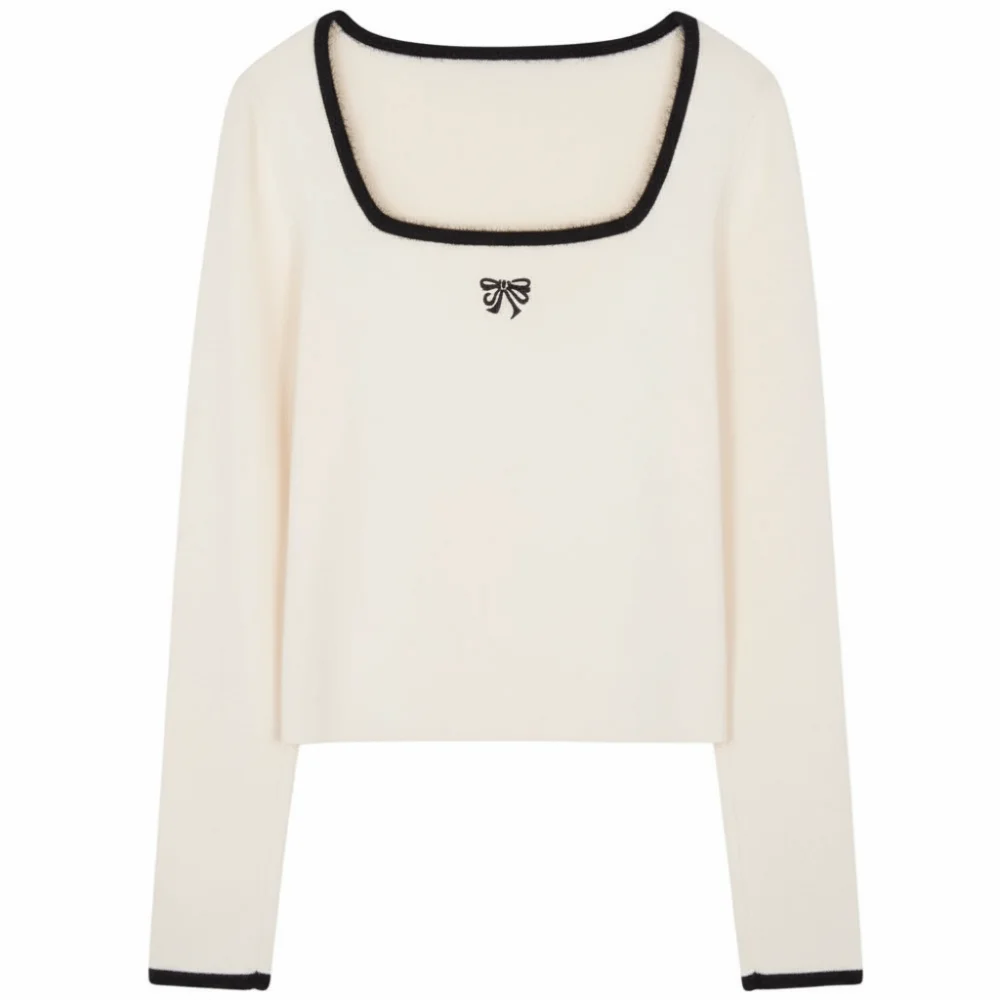 秋冬レディースニットセーターインナーウェア蝶結び刺繍無地長袖パッチワークTシャツスクエアネック