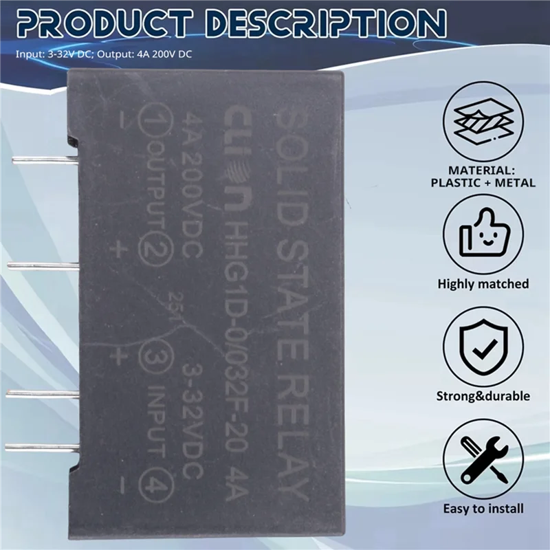 

10X вход 3-32 В постоянного тока, выход 4 А, 200 В постоянного тока, 4-контактное твердотельное реле для печатной платы HHG1D-0/032F-20-AB01