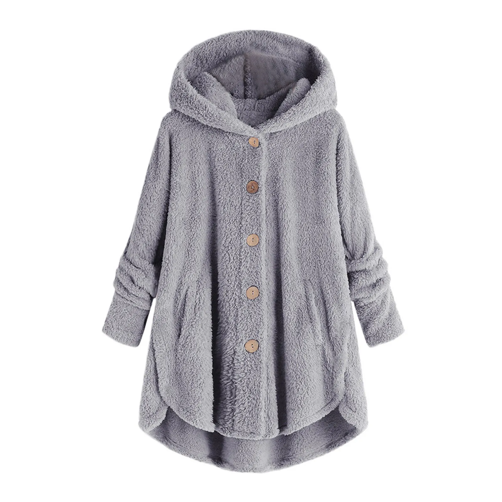 Women\'s Cardigan Button Plush Hooded Loose Long Cardigan Autumn and Winter Models Thickened Warm Solid Colour Plush Jacket Tops