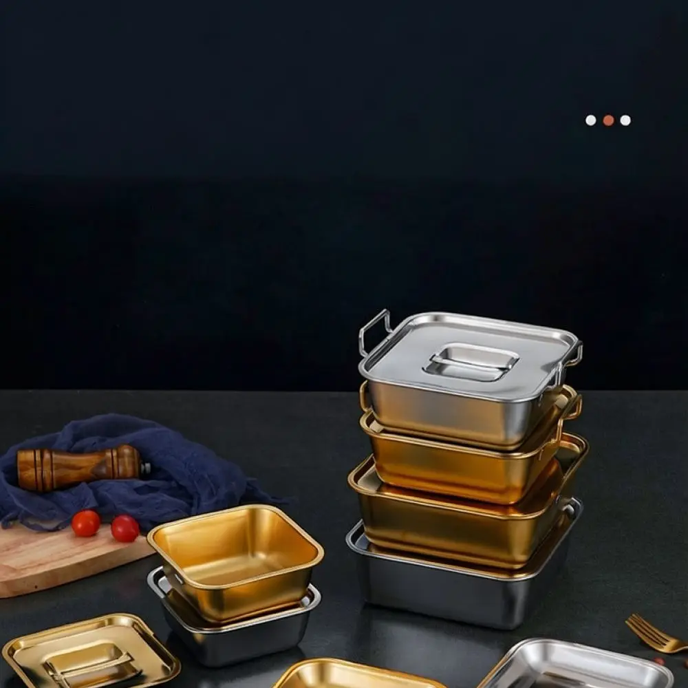 Decorative Gold Square Stainless Steel Plate With Lid Handle Design Metal Serving Tray Kitchenware For Snacks And Appetizers