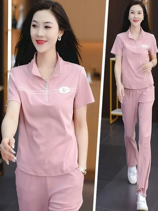 

Fashionable Casual Sportswear Set Women's Summer New Style Age-Defying Short Sleeve Long Pants Two-Piece Set plus Size