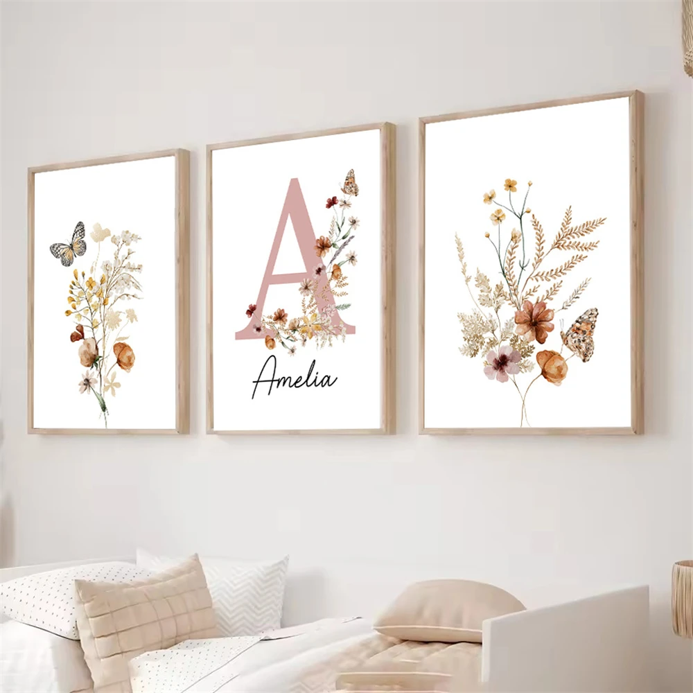 Baby Girl Name Custom Posters Wildflowers Canvas Painting Butterfly Wall Art Print Nursery Poster Pictures Kids Room Decoration