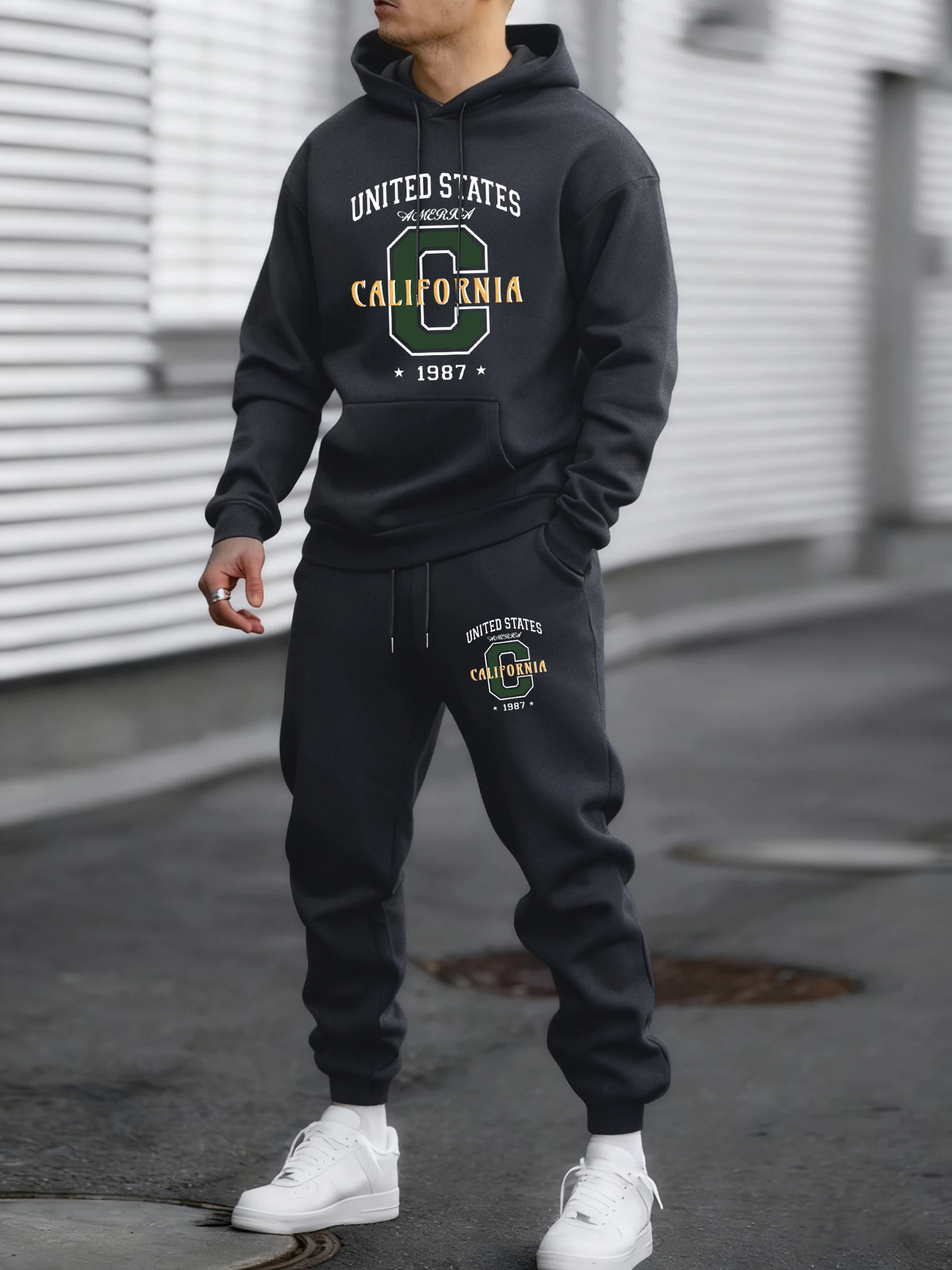 

United States California 1987 Pattern Fashion Suits Man Fleece Warm Clothing Simple Pants Autumn Men Basics Pocket Clothes