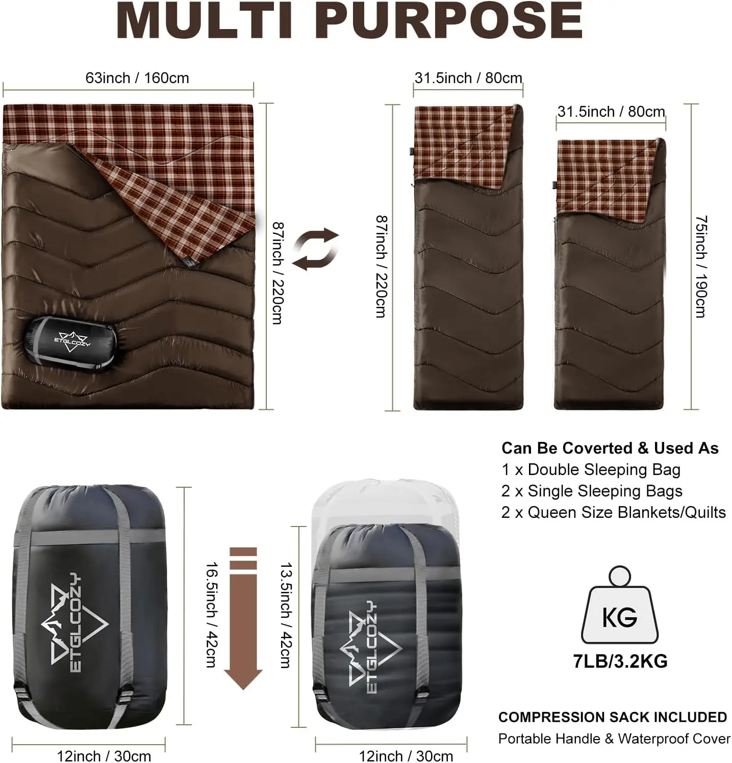 XL Queen Size 2 Person Double Sleeping Bag for Adults, Lightweight Compact with Flannel Liner & Thermolock Draft Tube, Machine