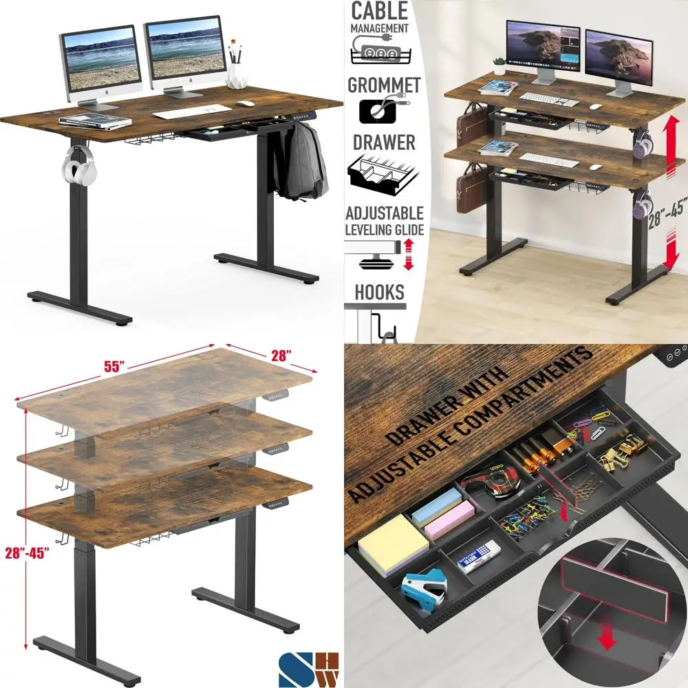 مكتب كهربائي قابل للتعديل بارتفاع 55 × 28 بوصة مع درج، إعداد الذاكرة المسبق، لمسة نهائية بنية ريفية، خيار مكتب قائم مريح