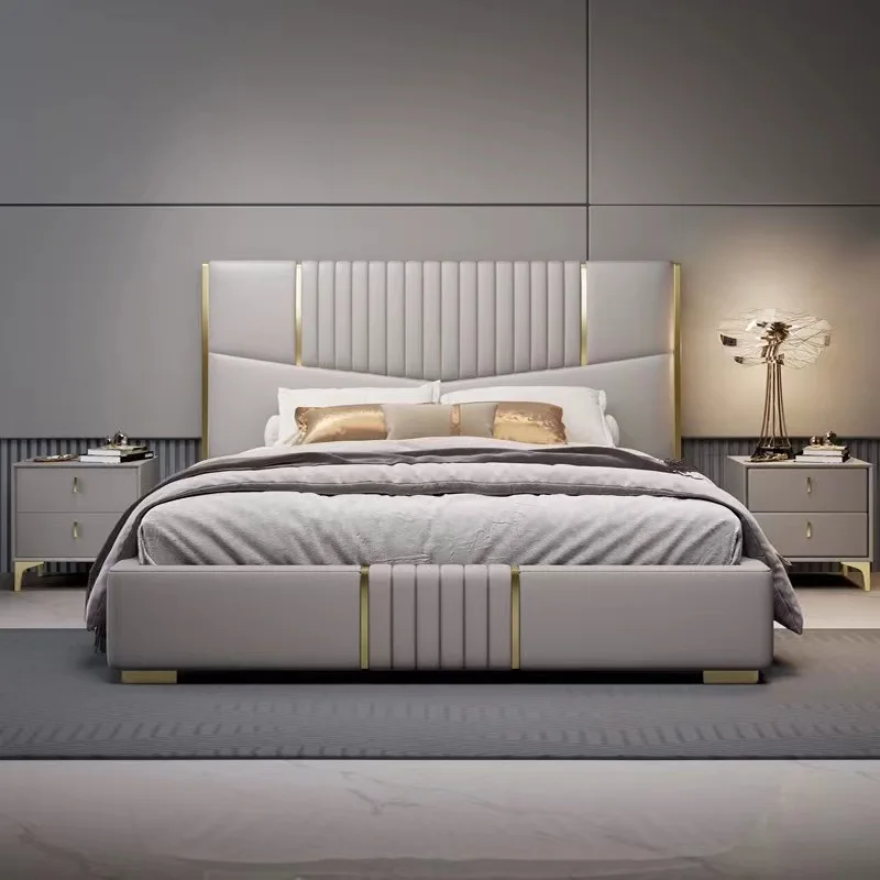 

2024 new double master bedroom luxury leather bed wabi wind modern designer simple Internet celebrity light luxury storage bed,