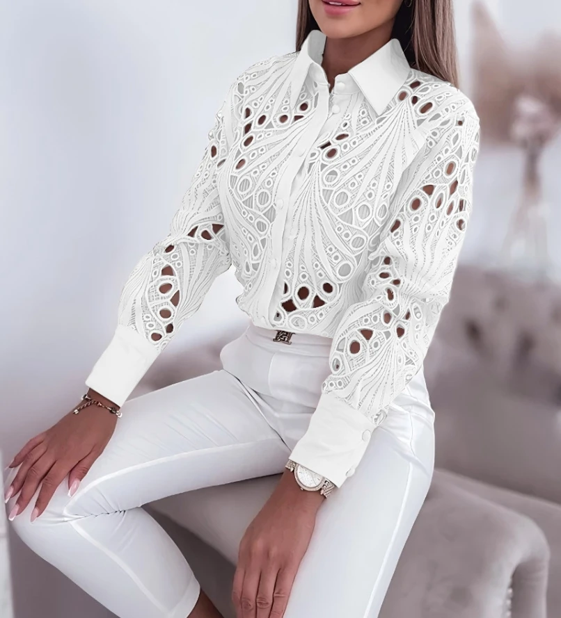 

Woman Blouse 2025 Spring New Versatile Commuting Fashion Lace Hollow Out Turn-Down Collar Long Sleeved Solid Color Casual Shirt