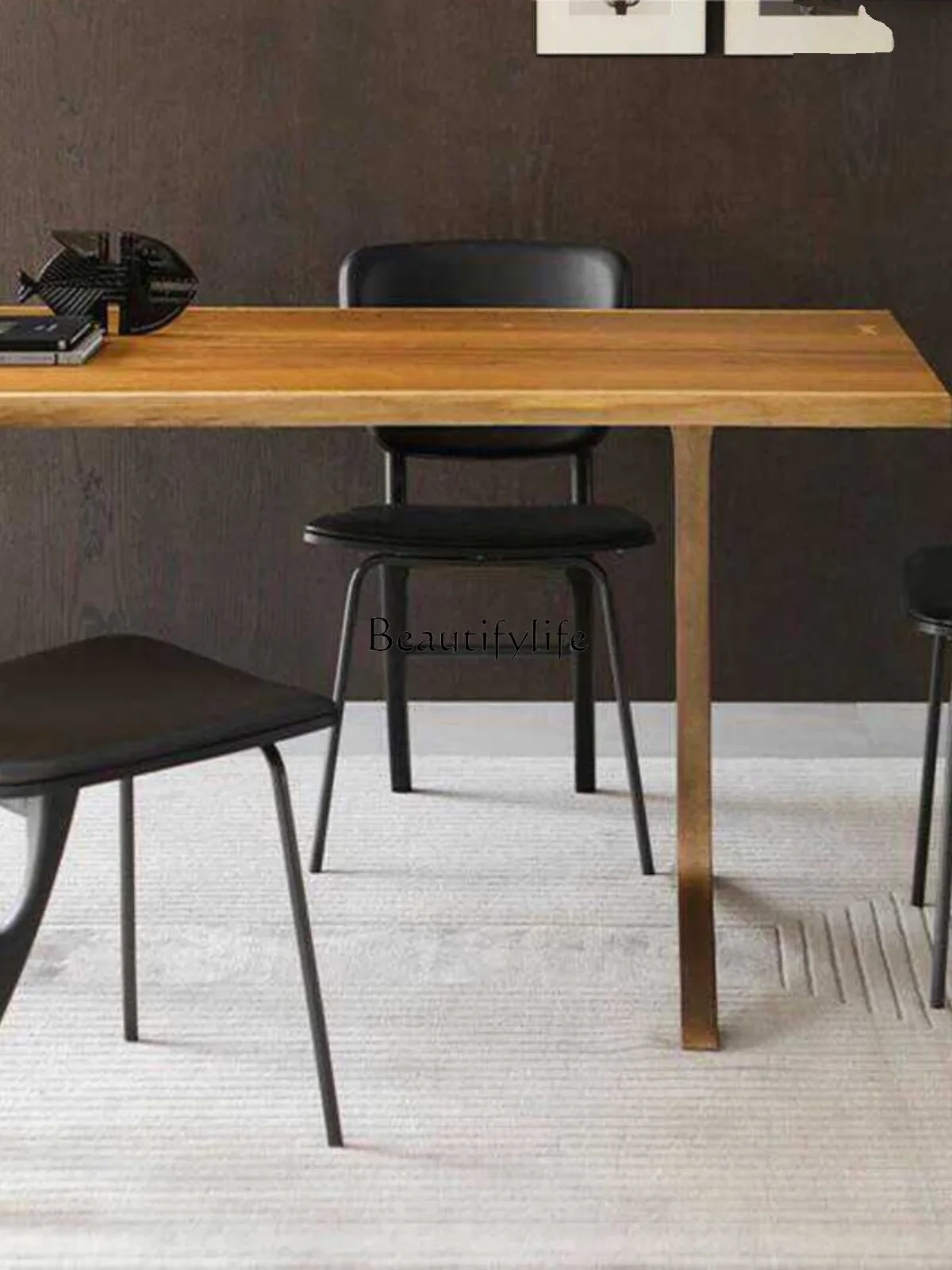 Solid wood ash wood double cast iron desk small household rectangular dining table