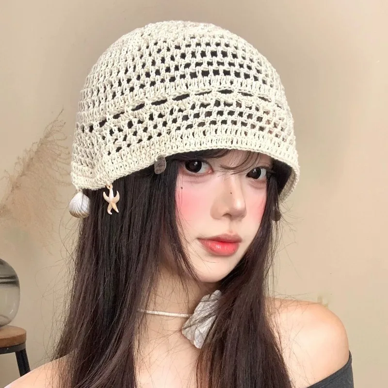 Personality Shell Tassel Design Woven Beanies for Women Summer Autumn Travel Sweet Versatile Thin Breathable Pullover Hats