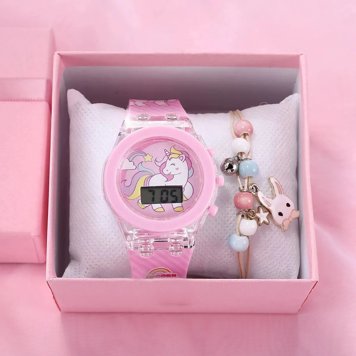 1pcs Jelly Candy Cartoon Unicorn Digital Pointer Quartz Light Girl Watch 1pcs White Rabbit Grass Jewelry Set