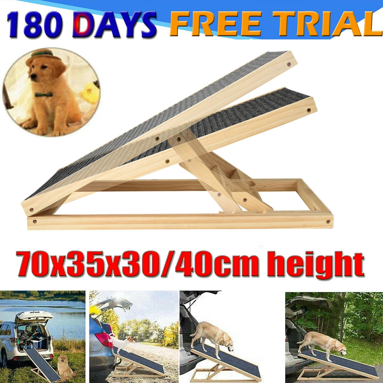 Rampa per cani in legno pieghevole, leggera e robusta, 70 cm x 35 cm x 30/40 cm di altezza (2 livelli di regolazione), per viaggi in auto o furgone