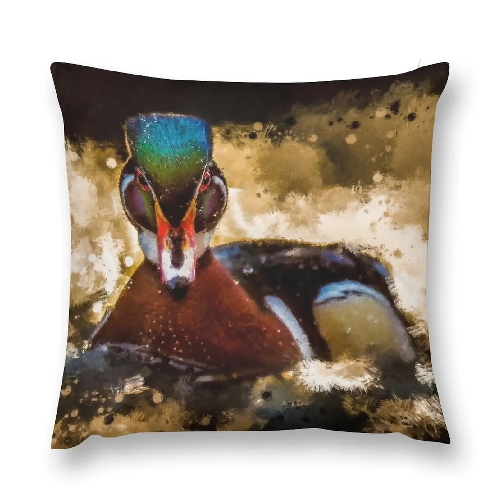 Wood Duck, Cute Drake Wood Duck Oil Paint, North American Wood Duck, Colorful Carolina Duck Throw Pillow