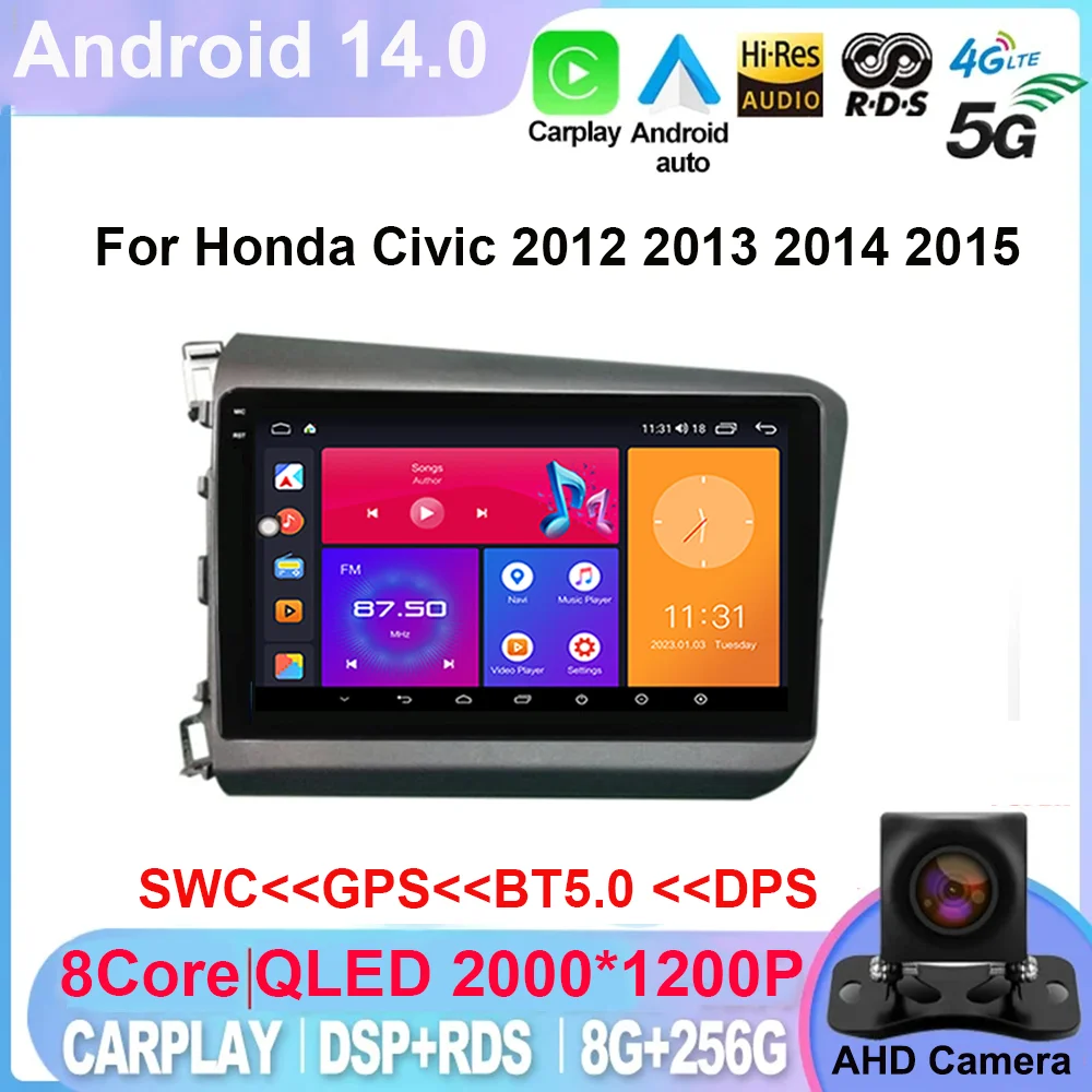 

9 inch for Honda Civic 2012 2013 2014 2015 Android 14 Car Radio Multimedia Video Player Navin GPS 5G WIFI Wireless Carplay Auto