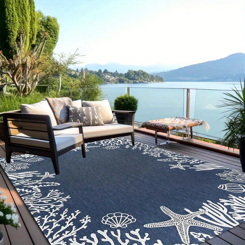 VIKAMA Navy Blue Indoor Outdoor Rug White Coral Starfish Seashell Border Non‑slip Wear‑resistant Coastal Patio Living Room Cap