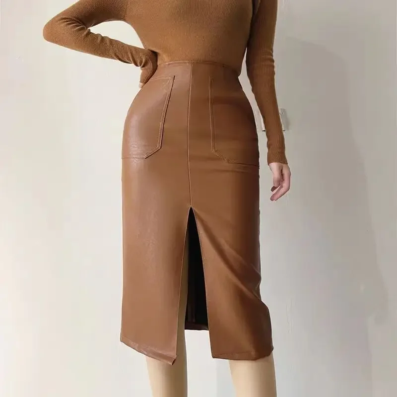 DAYIFUN-PU Leather Skirts Women High Waist Pocket Package Hip Skirt Front Split Midi Pencil Skirt Female New Autumn 2024 Clothes