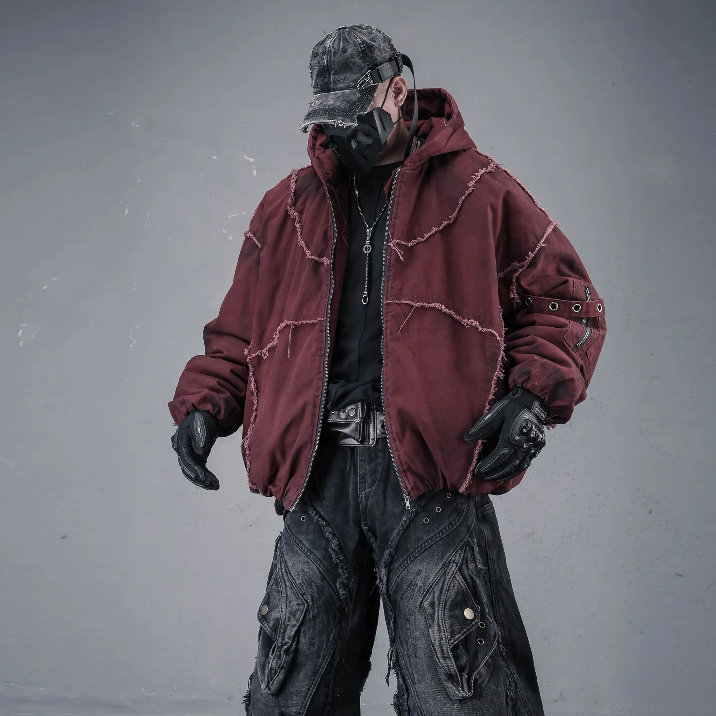Wasteland-style Techwear, dirty-wash distressed embroidery stitching, raw-edge hooded cotton coat for men street jacket.