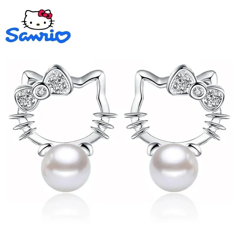 

925 Silver Needle Hello Kitty Earrings Cartoon Sanrio Fashion Super Flash Cubic Zirconia Pearl Earrings KTCat Woman Jewelry Gift