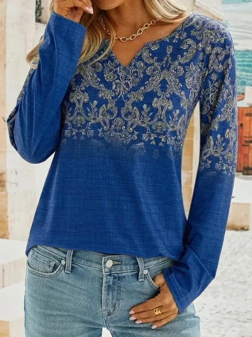 Leisure V-Neck Ethnic Style Long Sleeved T-Shirt Splicing Annual New Fashion Best-Selling Premium Women's Clothing