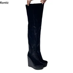 Rontic Handmade Women Winter Slim Thigh Boots Side Zipper Wedges Heels Round Toe Fabulous Black Night Club Shoes US Size 5-20