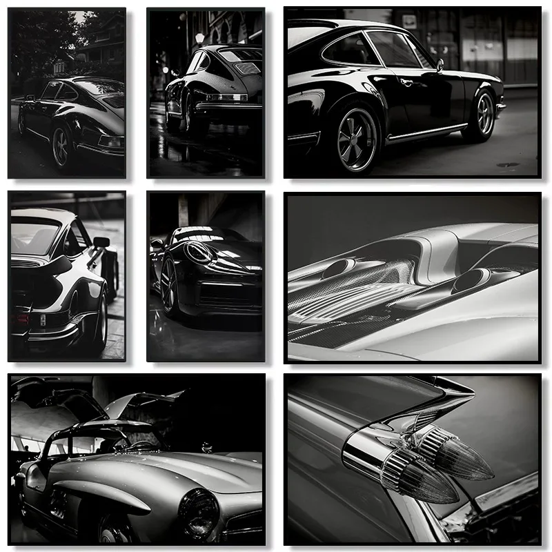 Black and White Cars Vintage Classic Vehicle Poster Trendy Luxury Simple Close Up Canvas Art Picture Wall Living Room Home Decor