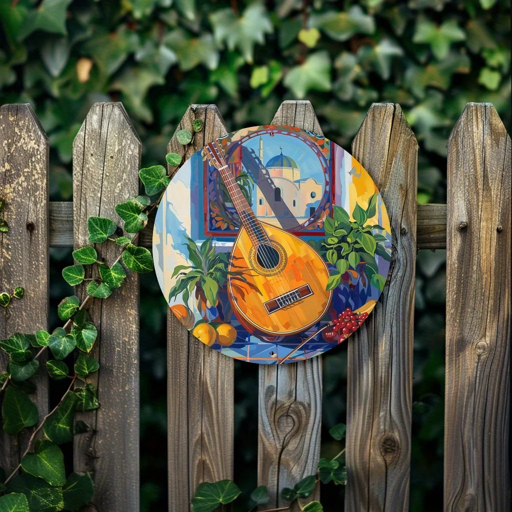 Greek Bouzouki Metal Wall Sign, 2D Flat Iron Decor for Garden Bar Window, Pre-Drilled Holes Greek Music Plaque