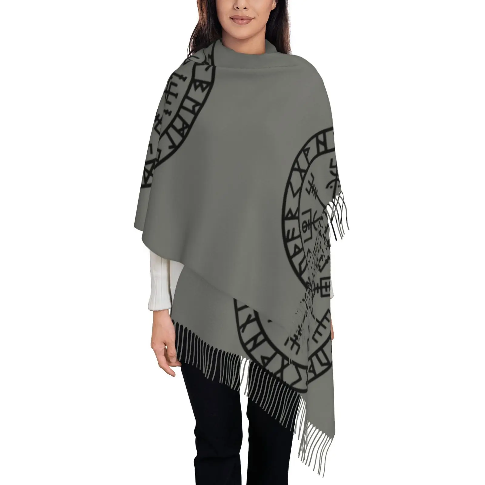 Viking Rune Vegvisir Print Women Shawl Scarf, Nordic Compass Symbol Tassel Wrap, Soft Warm Oversized Cape for Winter